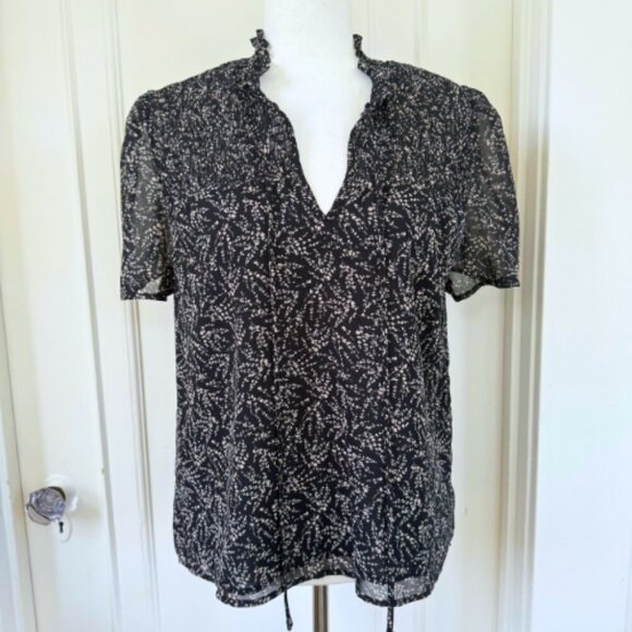 PETITE ASSEMBLY Black Printed Tie Neck Short Sleeve Blouse Size LP - Picture 3 of 12